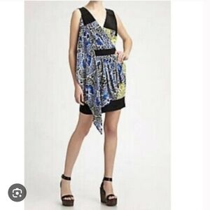NEW BCBG MAXAZRIA Black Blue Yellow 100% Silk Floral Print Dress XS